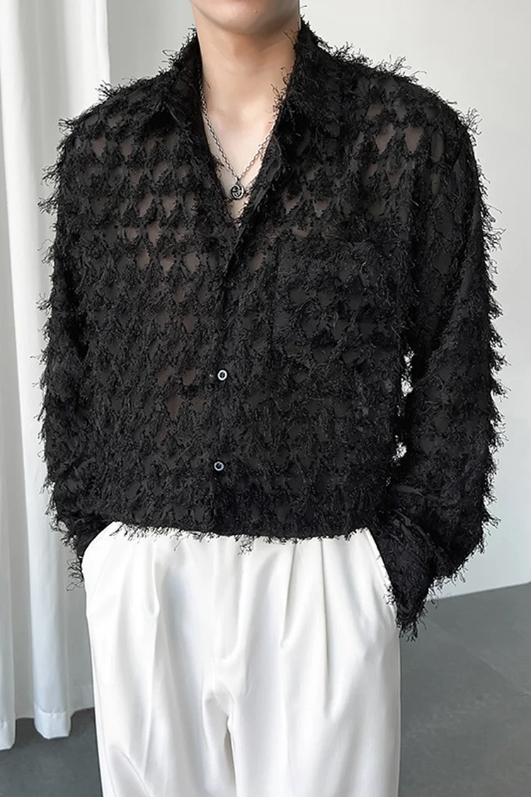 Casual Fringe See Through Mesh Loose Fit Shirt
