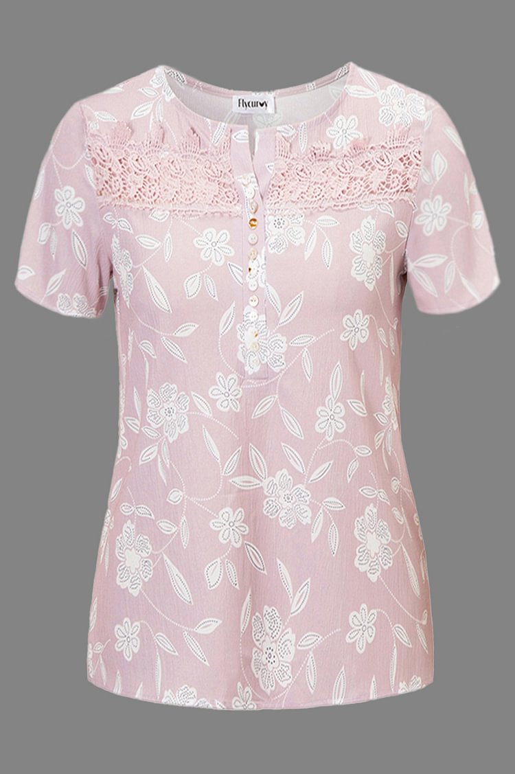 Flycurvy Plus Size Casual Pink Cold Shoulder Short Sleeve Floral Print Button Up Loose Casual Blouses  flycurvy [product_label]