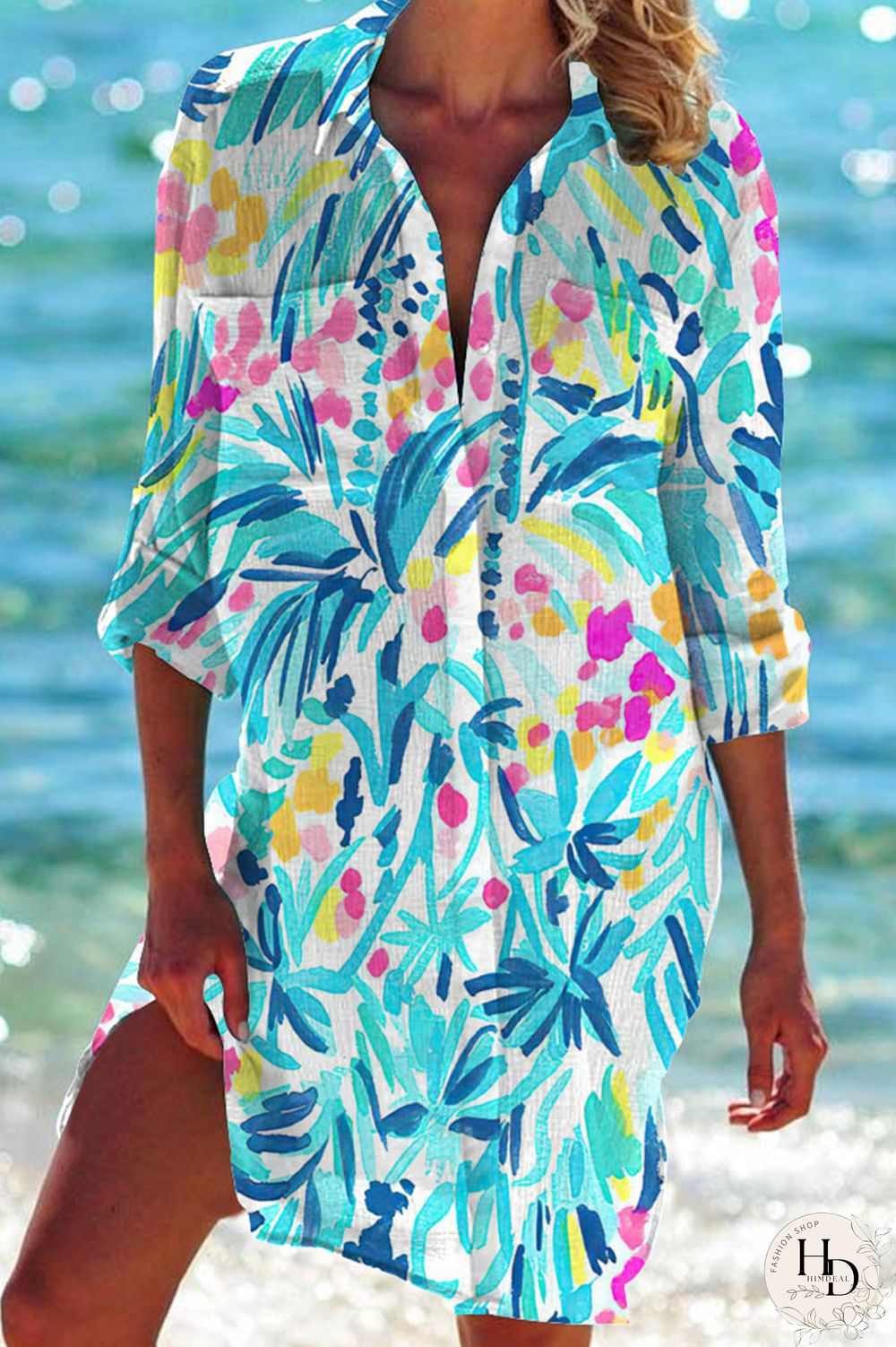 Sky Blue Casual Print Patchwork Buckle Turndown Collar Tops