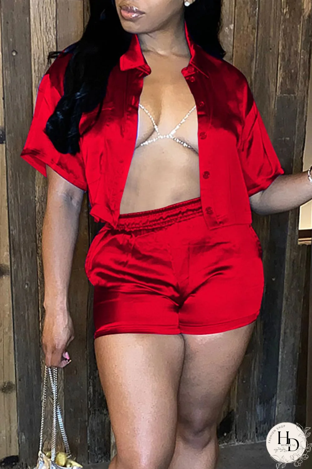 Rose Red Casual Solid Patchwork Buckle Turndown Collar Short Sleeve Two Pieces