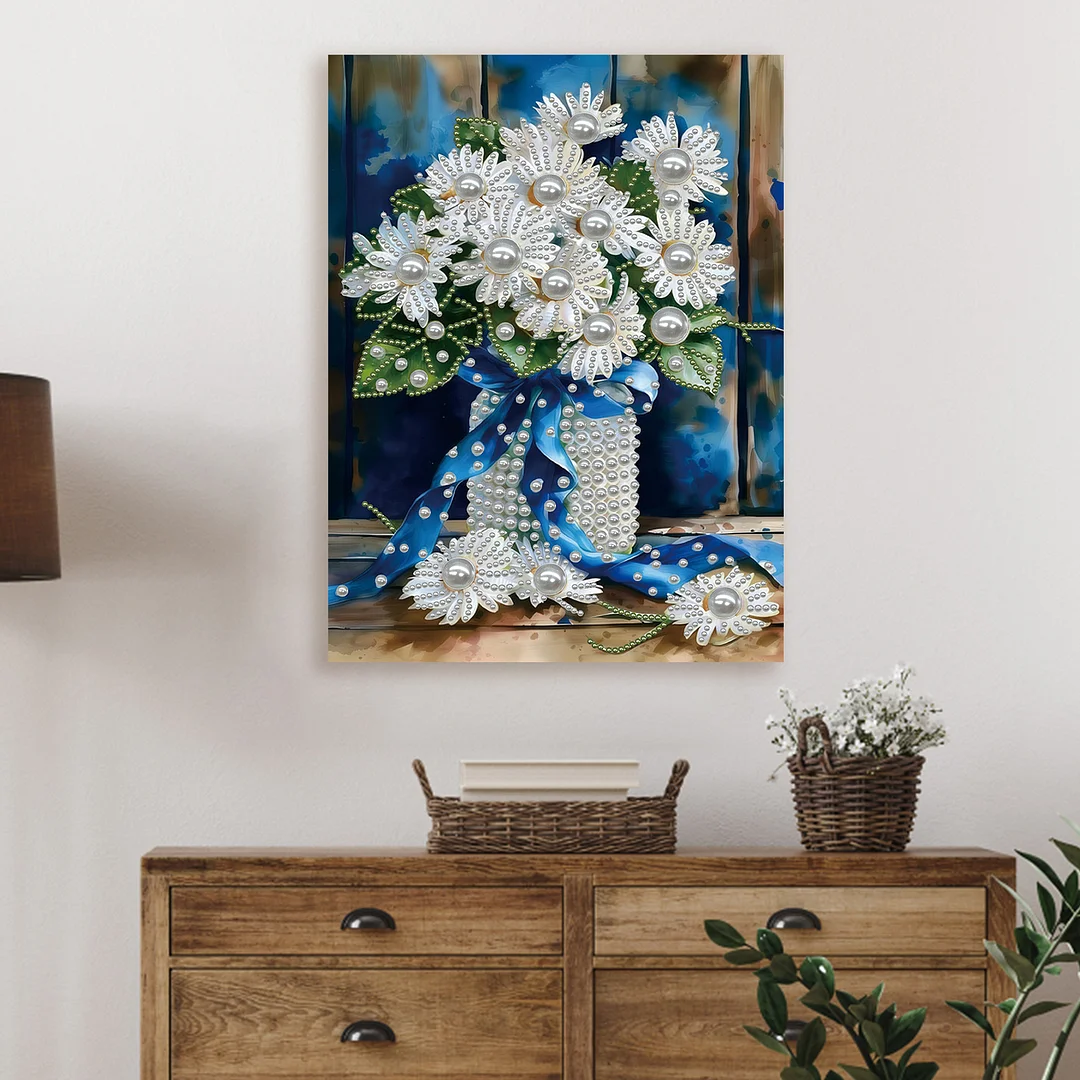 Blue Vase DIY Pearl Diamond Art Kits for Home Wall Decor With Frame 30x40cm