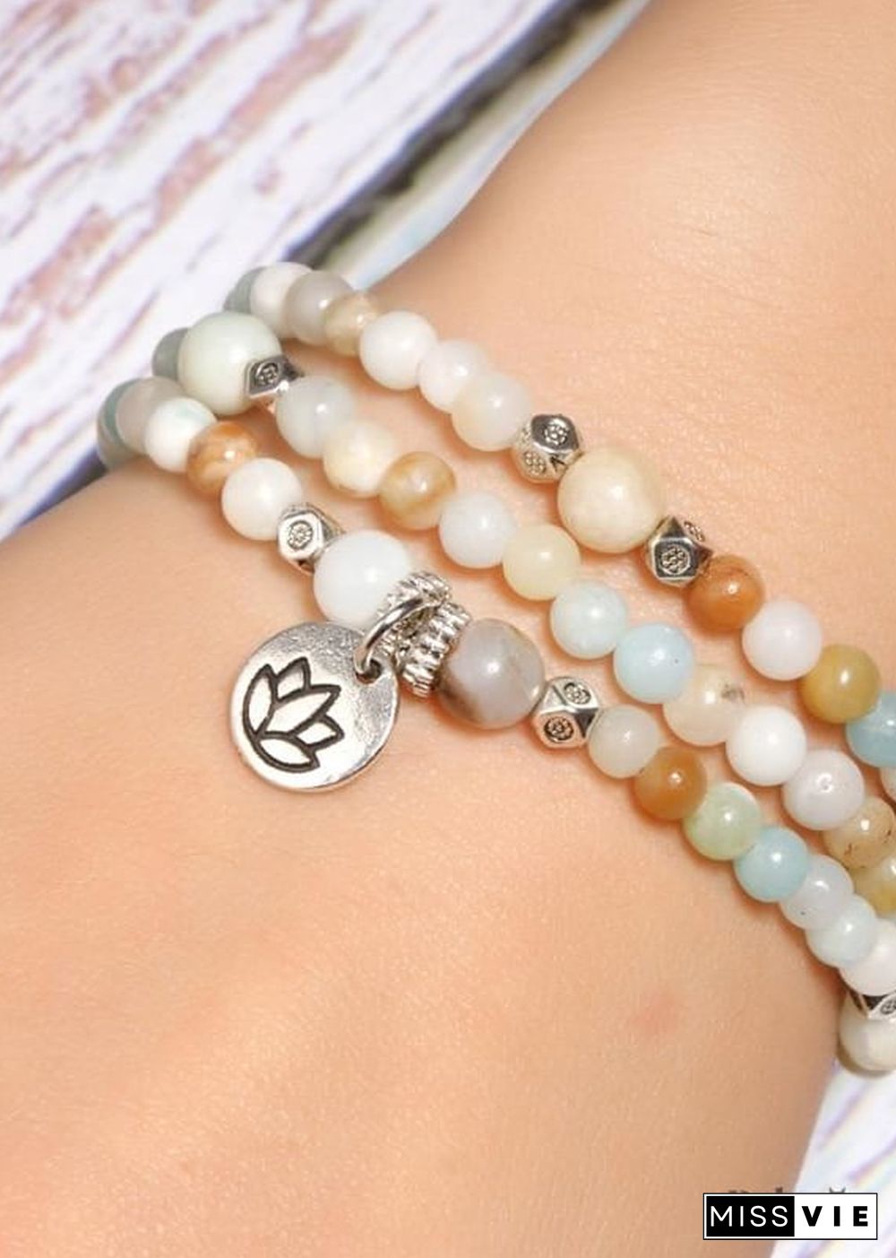 Boho Bracelet, Layers Green Amazonite Mala Mantra Lotus