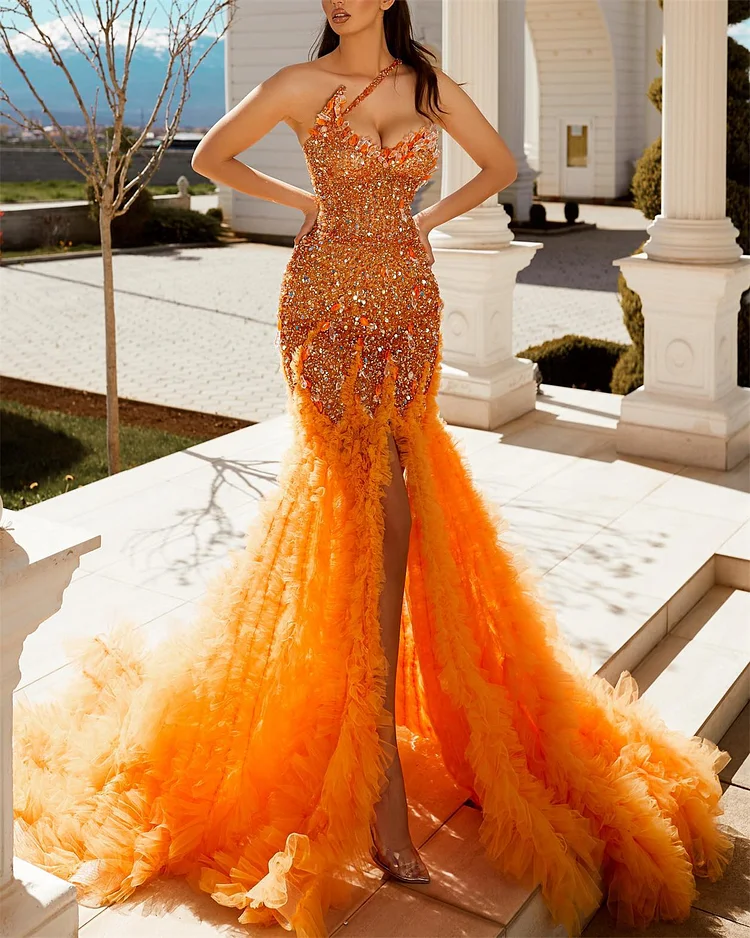 Women's Tube Top Slit Orange Mesh Sequin Dress