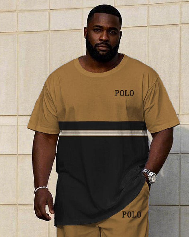 Men's Plus Size Summer Khaki & Black Striped Chest Small Label Printed Short Sleeve T-Shirt Trousers Suit