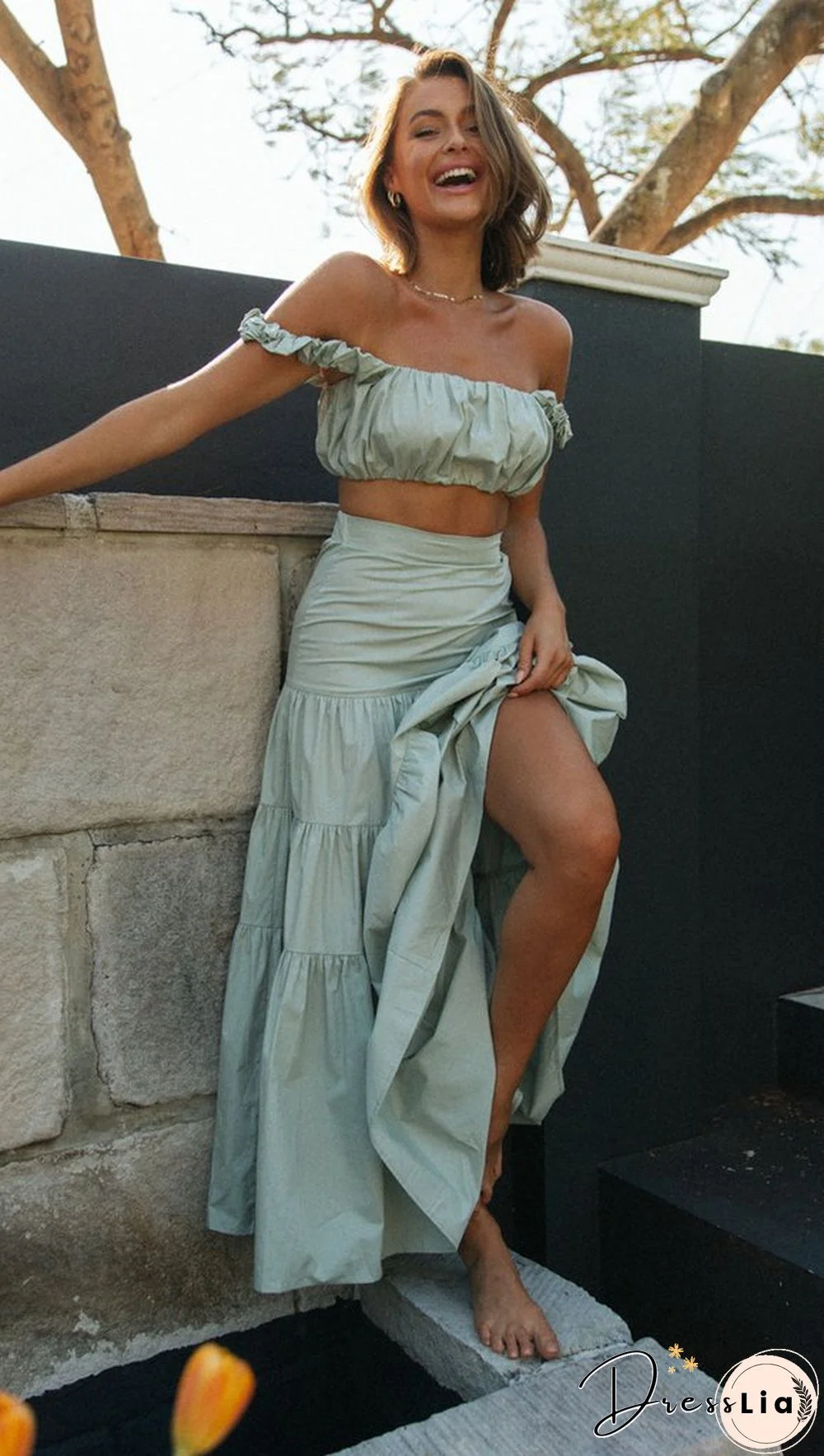 Green Ruffled Crop Top and Skirt Sets