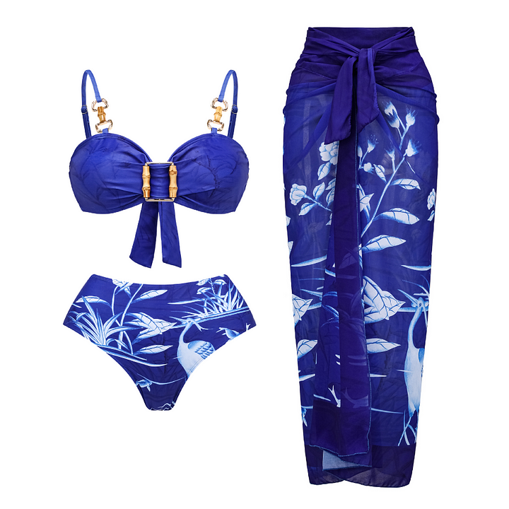 Engraving Vintage Print Bamboo Swimsuit and Sarong