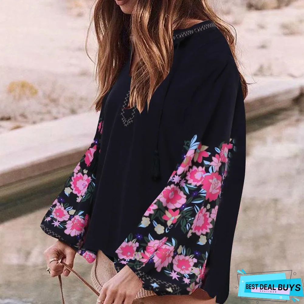 Women Elegant Puff Sleeve Fashion Printed Bohemian V Neck Casual Floral Blouse Tops