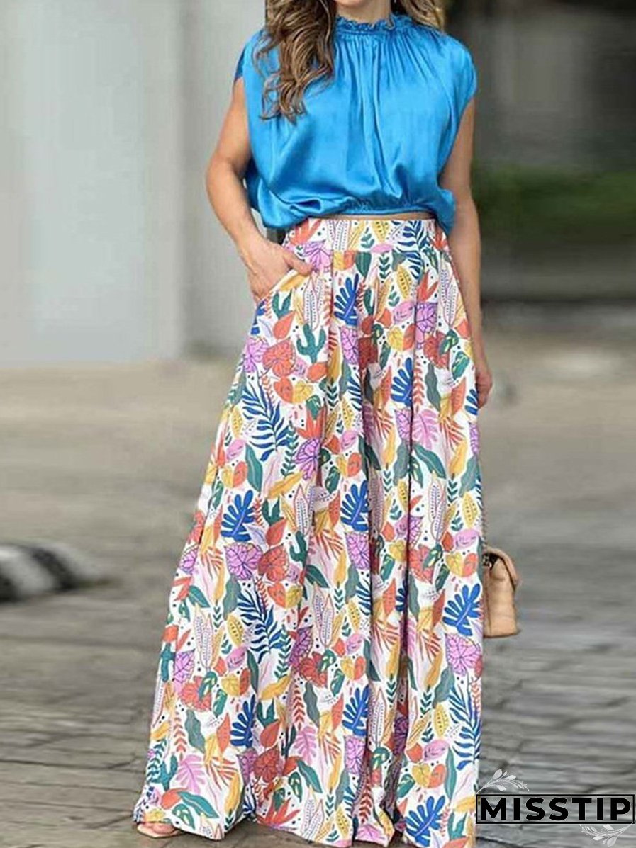 Simple Commuting High Waist Printed Wide Leg Pants Suit
