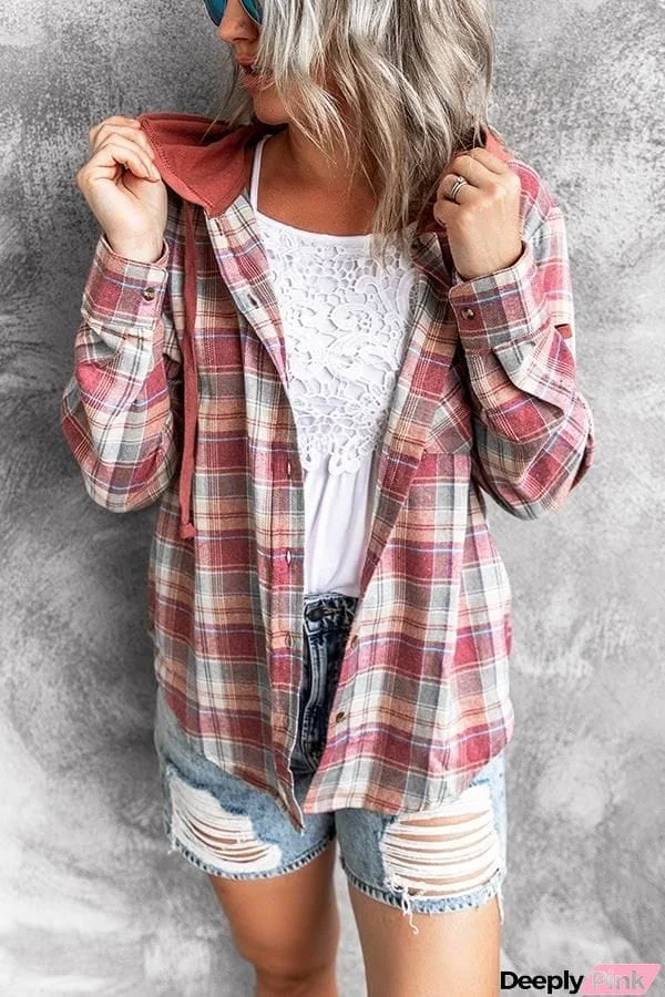 Hooded Loose-fit Women's Woolen Plaid Jacket