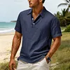 Men's Vintage Linen Casual Beach Vacation Short-Sleeve Polo Collar Shirt by Inlyline