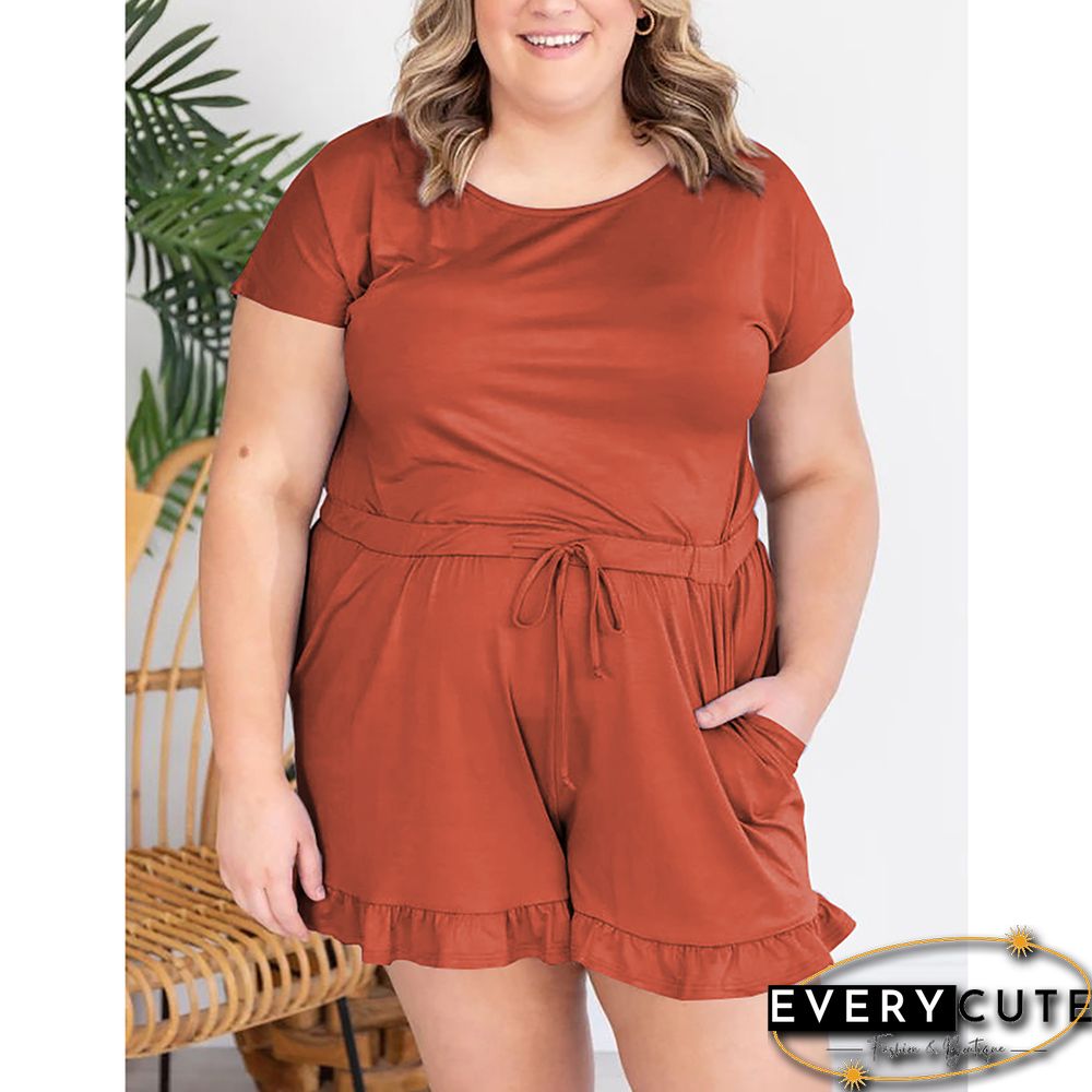 Rust Red Button Ruffle Detail Pocketed Romper