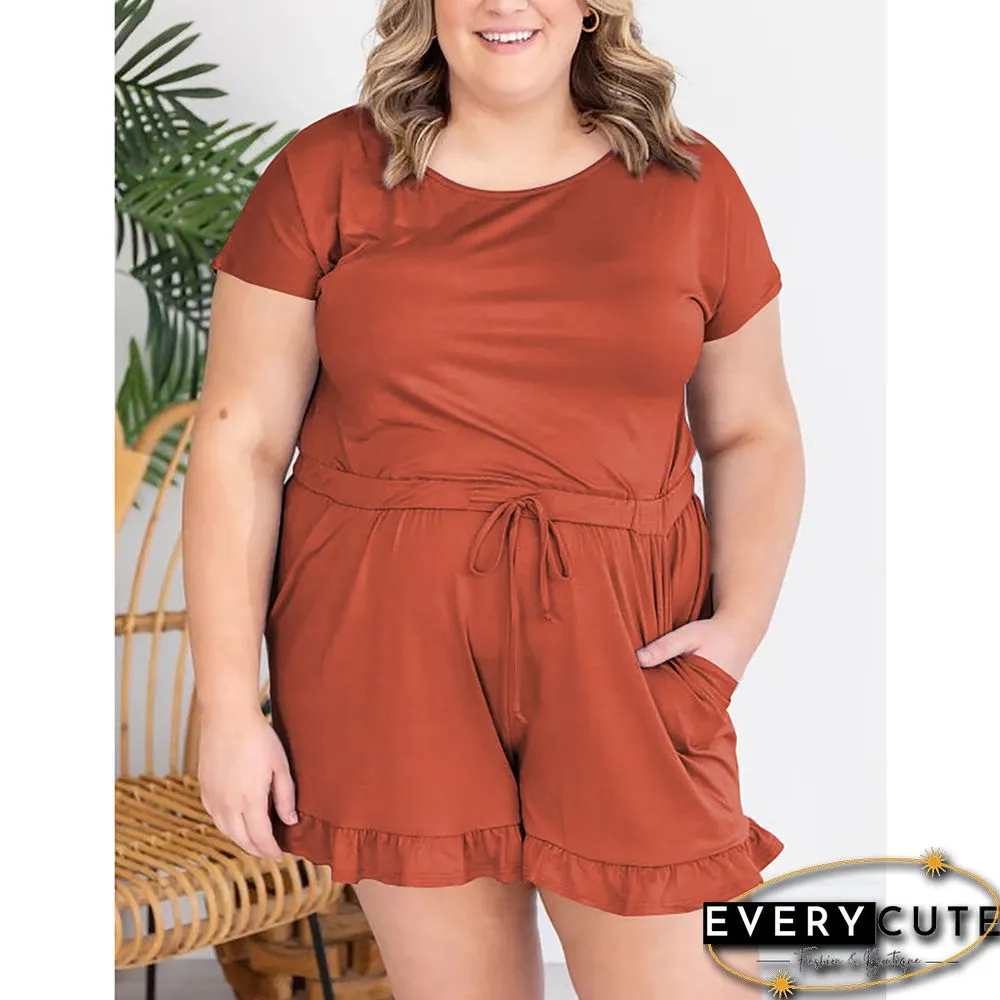 Rust Red Button Ruffle Detail Pocketed Romper