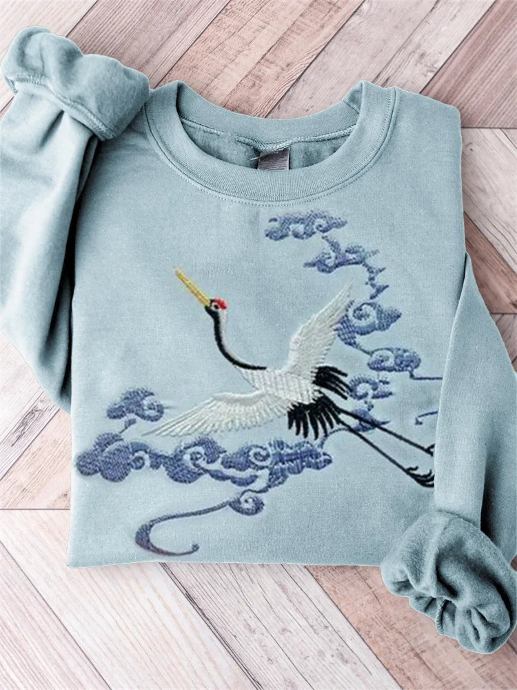 Flying Crane Through Clouds Japanese Embroidered Sweatshirt