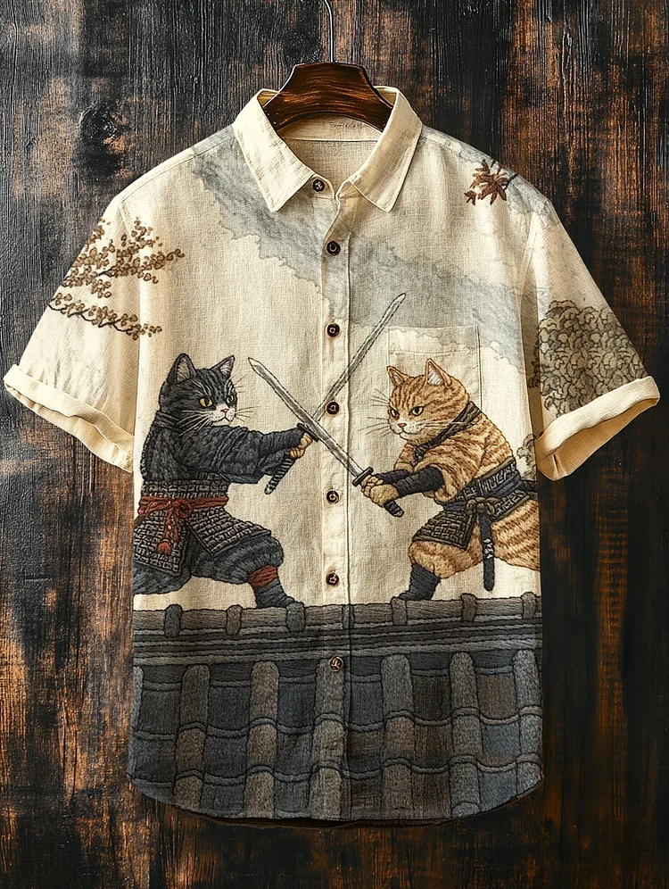 Men's Warrior Cats Battle Art Print Casual Shirt