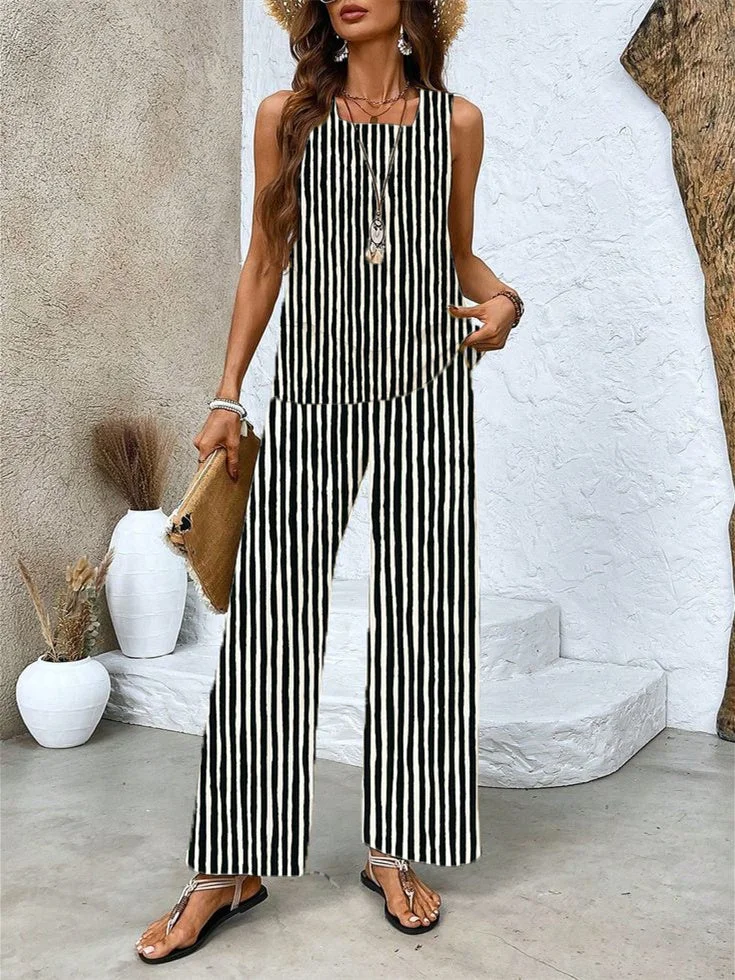 Women's Sleeveless Square Collar Striped Graphic Printed Casual Set
