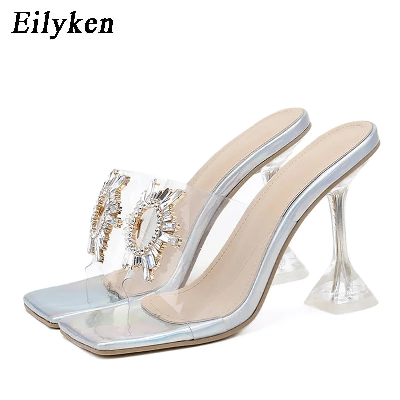 Eilyken PVC Transparent Crystal Sun Flowers Buckle Womens Slippers Summer Square Toe Ladies Strange High Heels Sandals Shoes