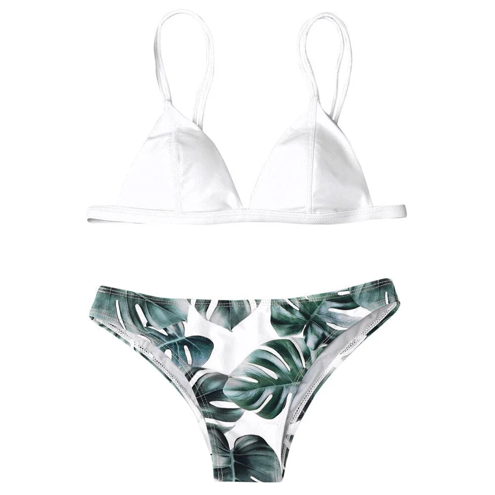 Women Split Swimwear Bikini Set Sexy Print Leaves Push-Up Padded Female Bather Wire Free Tankini Plavky Swimsuit Beachwear