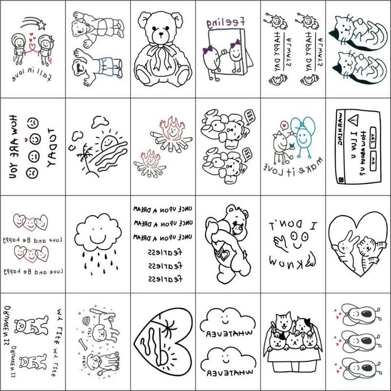 24/48pc Cartoon Line Bear Tattoo Stickers Waterproof Cute Body Art Fake Tattoos Lasting Temporary Tattoo Stickers for Men Women
