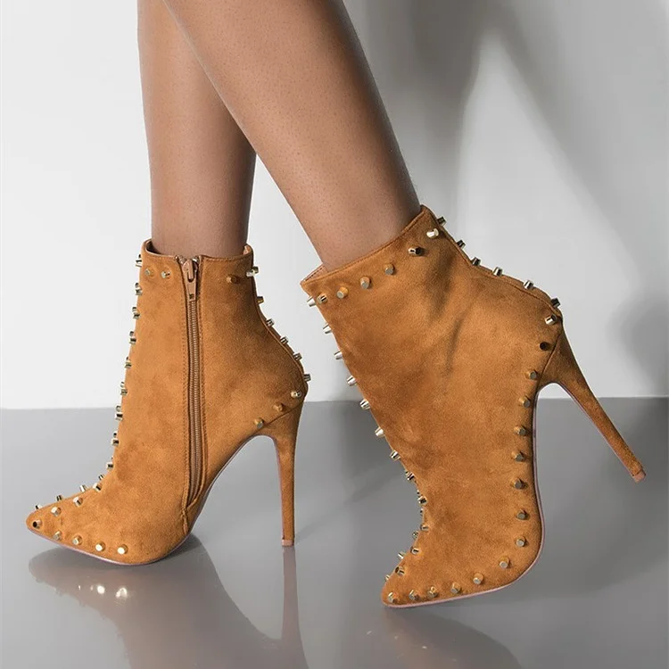 Camel Suede Studded Boots Stiletto Heel Ankle Boots |FSJ Shoes