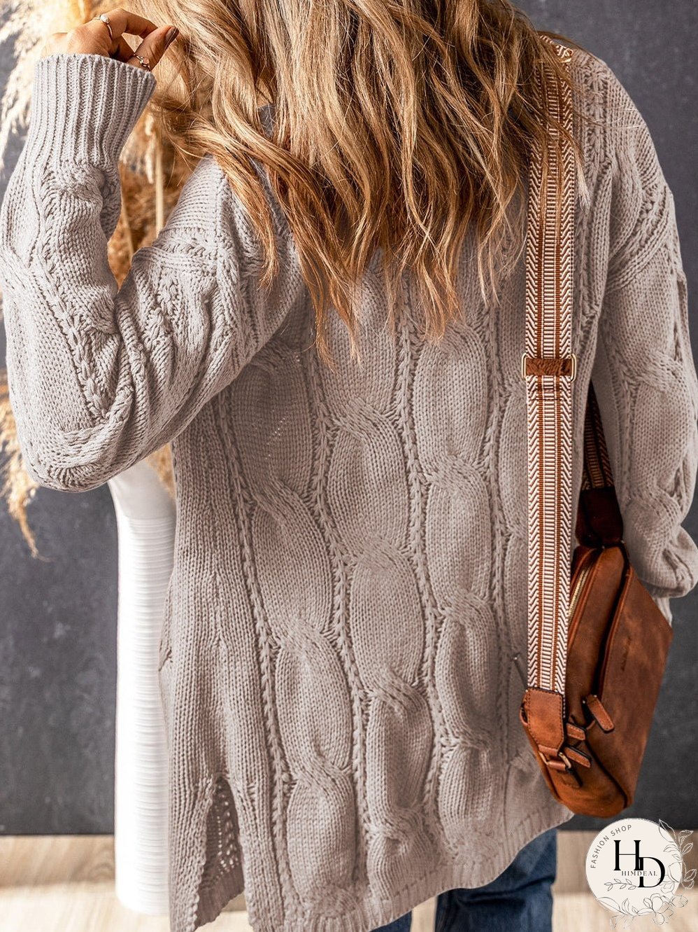 Apricot Eyelet Cable Knit Cardigan with Ribbed Trim