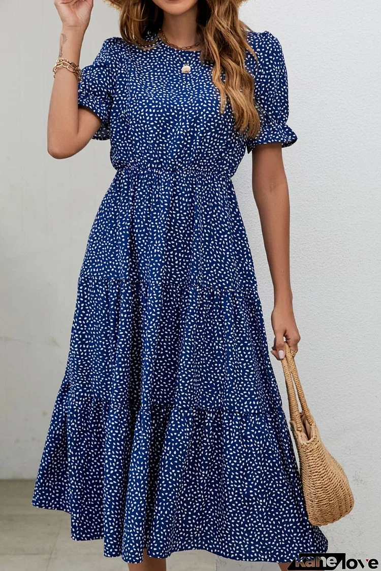 Polka Dot Short Flounce Sleeve Tiered Midi Dress