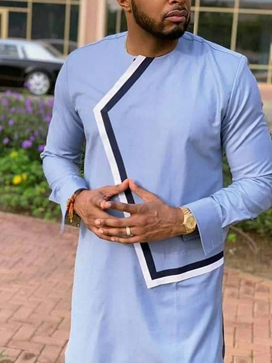 Men's casual blue print long sleeve top