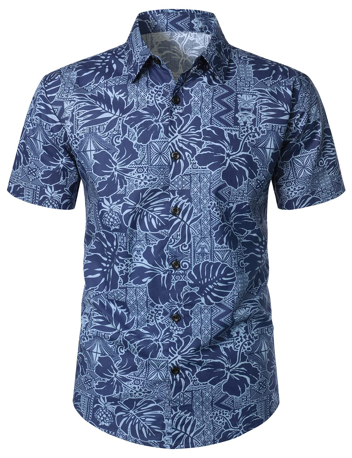 Men's Navy Blue Hawaiian Floral Hibiscus Print Summer Button Short Sleeve Summer Shirt
