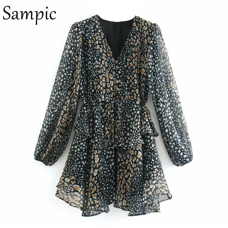 Sampic Sexy Women Chiffon Leopard Print Long Puff Sleeve Mini Party Dress Night Club Black Beige V Neck 2021 Summer Beach Dress