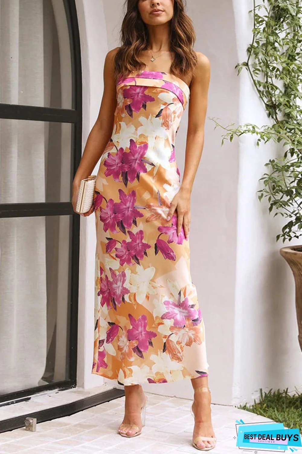 Floral Strapless Backless Midi Dress