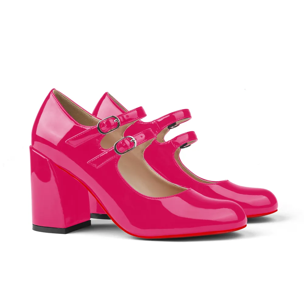 85mm Chunky Low Block Heels Mary Jane Closed Toe Work Pumps Comfortable Round Toe Dress Wedding Red Bottom Shoes-vocosishoes