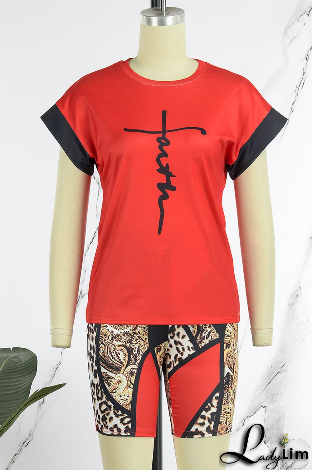 Green Casual Print Patchwork O Neck Short Sleeve Two Pieces