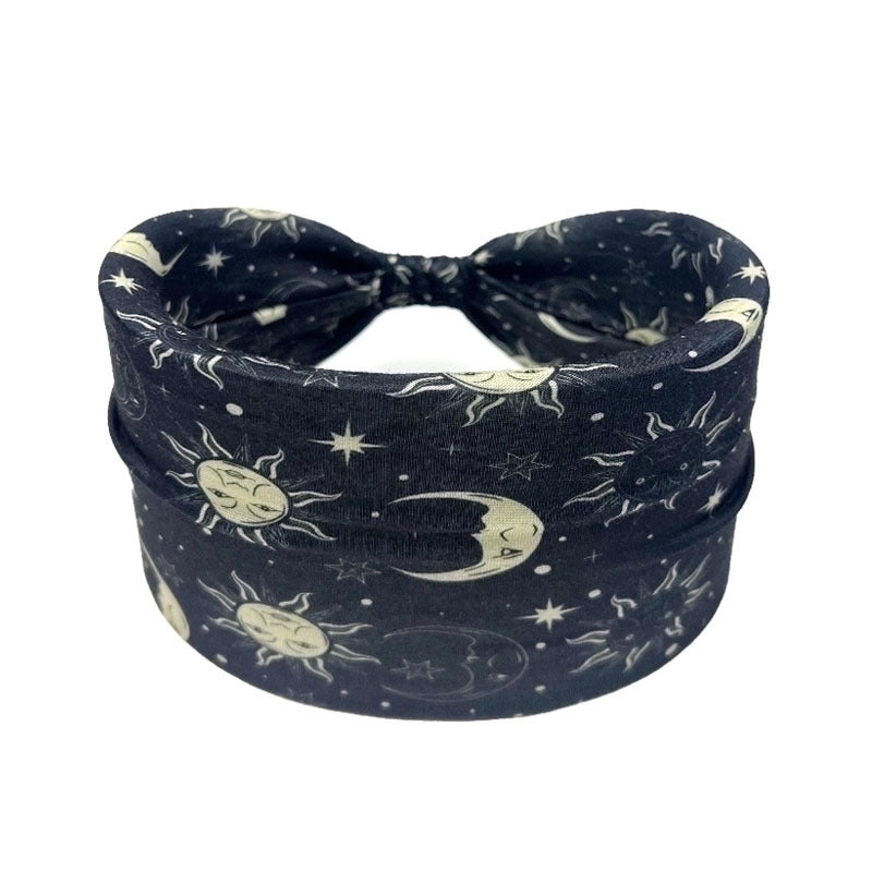 Moon Sun Pattern Printed Wide Side Headband Not Slippery Knotted Hair Band Fashion Female Girl’s Headwear