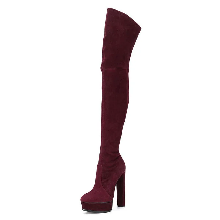 Burgundy Suede Thigh High Chunky Heel Platform Boots by VDCOO Vdcoo