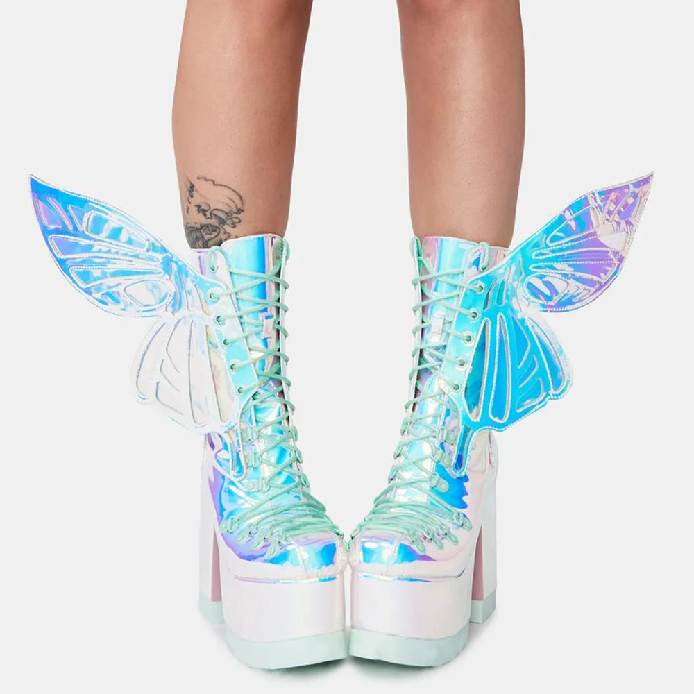 Butterfly Wing Calf Boots Mirror Leather Platform Chunky Sock Boots Nicepairs