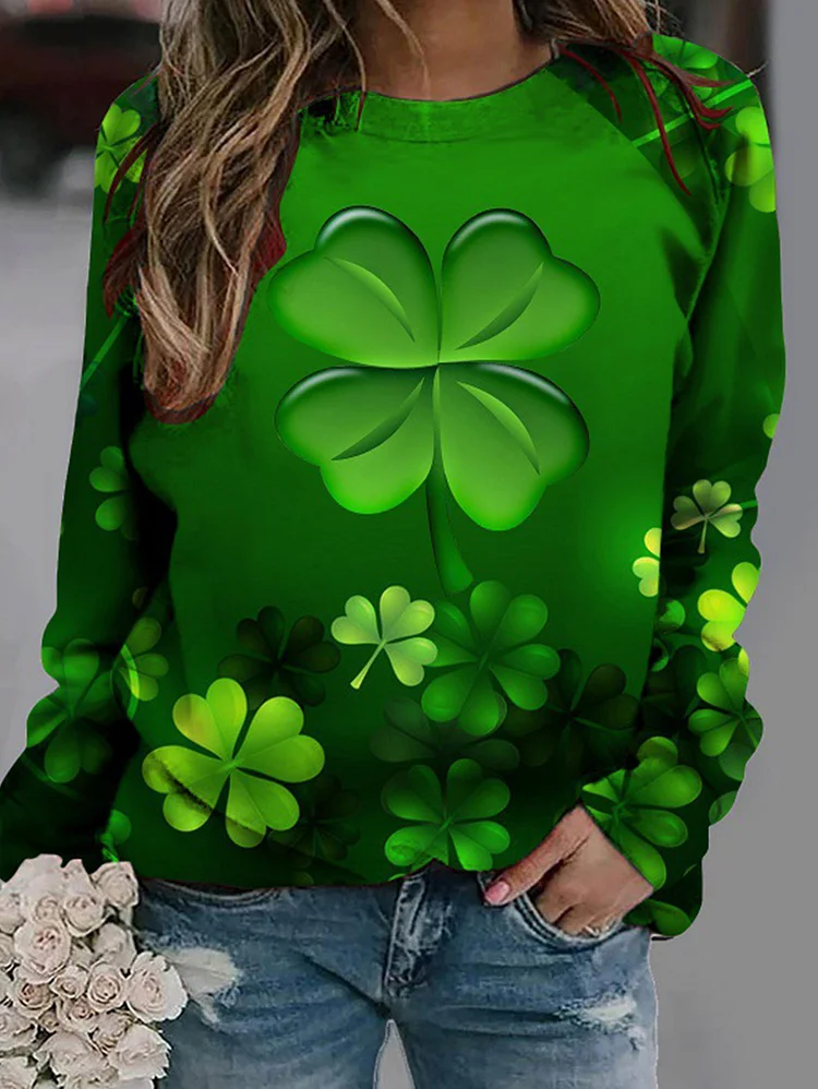 St. Patricks Day Clover Pattern Crew Neck Long Sleeve Blouse