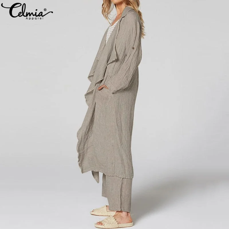 Vintage Women Kimono  Celmia  Casual Long Sleeve Blouses Female Loose Beach Long Cardigan Solid Autumn Shirts  Tops
