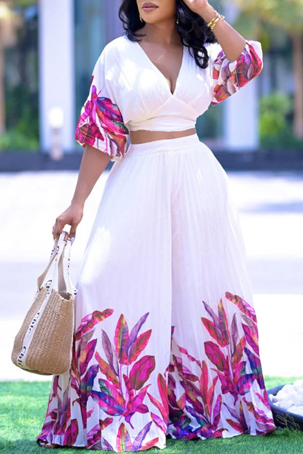 Casual Printed Short Sleeve V-Neck High Waist Swing Pleated Culottes Suit