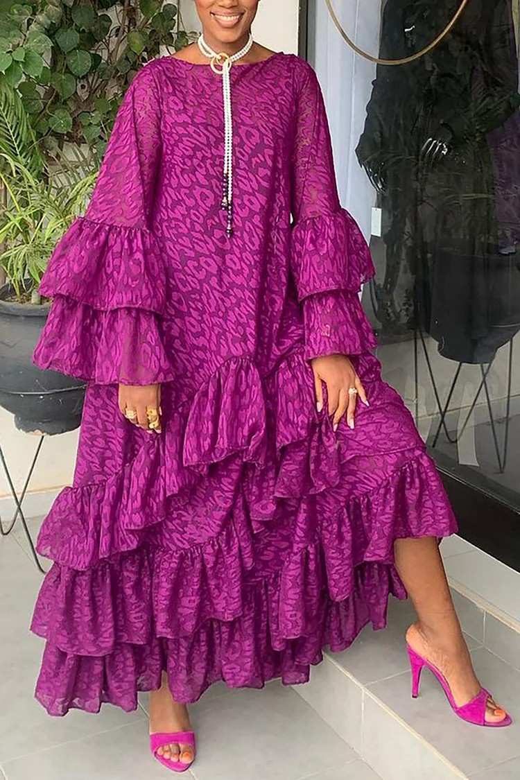 Plus Size Casual Dress Fuchsia Ruffle Print Tiered Flare Sleeve Maxi Dress 