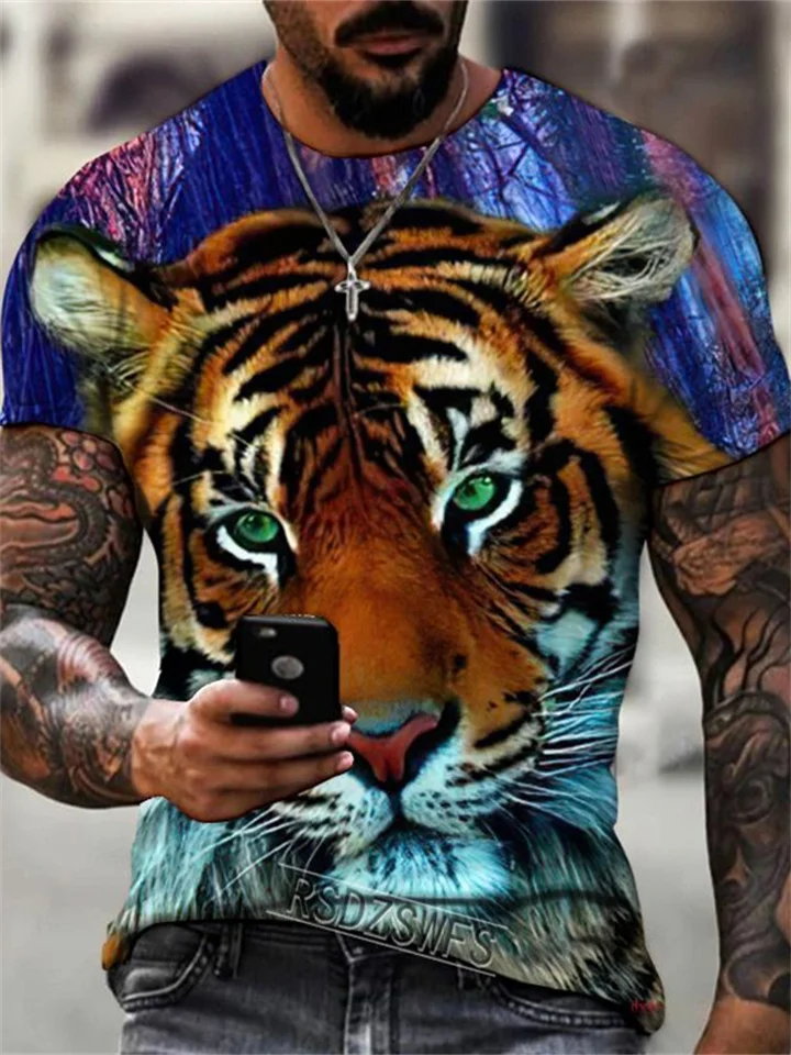 Men's Short-sleeved Round Neck 3D Digital Printing Animal Tiger Lion T-shirt Tops