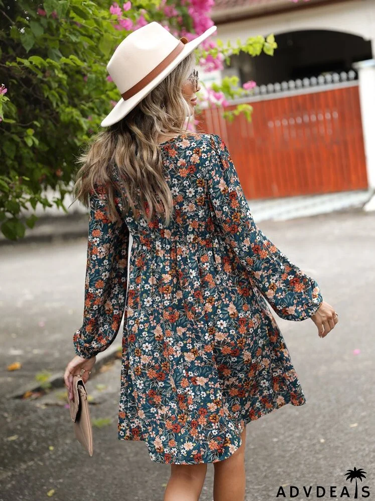 Floral Print Lace Trim A-line Dress