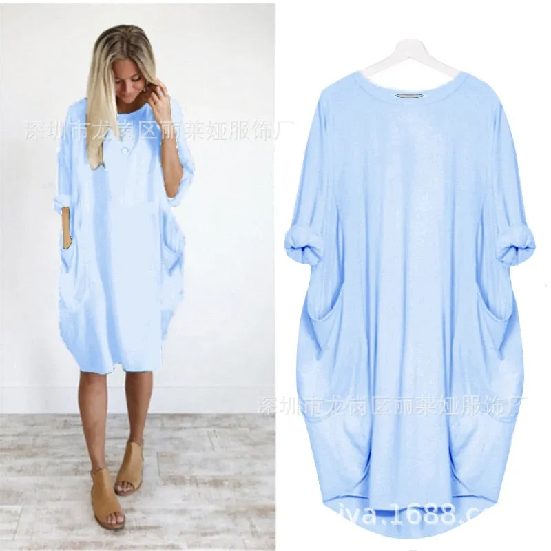 Autumn Solid Color Dress Women 2021 Fahsion Pocket O Neck Long Sleeve Loose Vintage Dresses Female Plus Size Casual Midi Dress