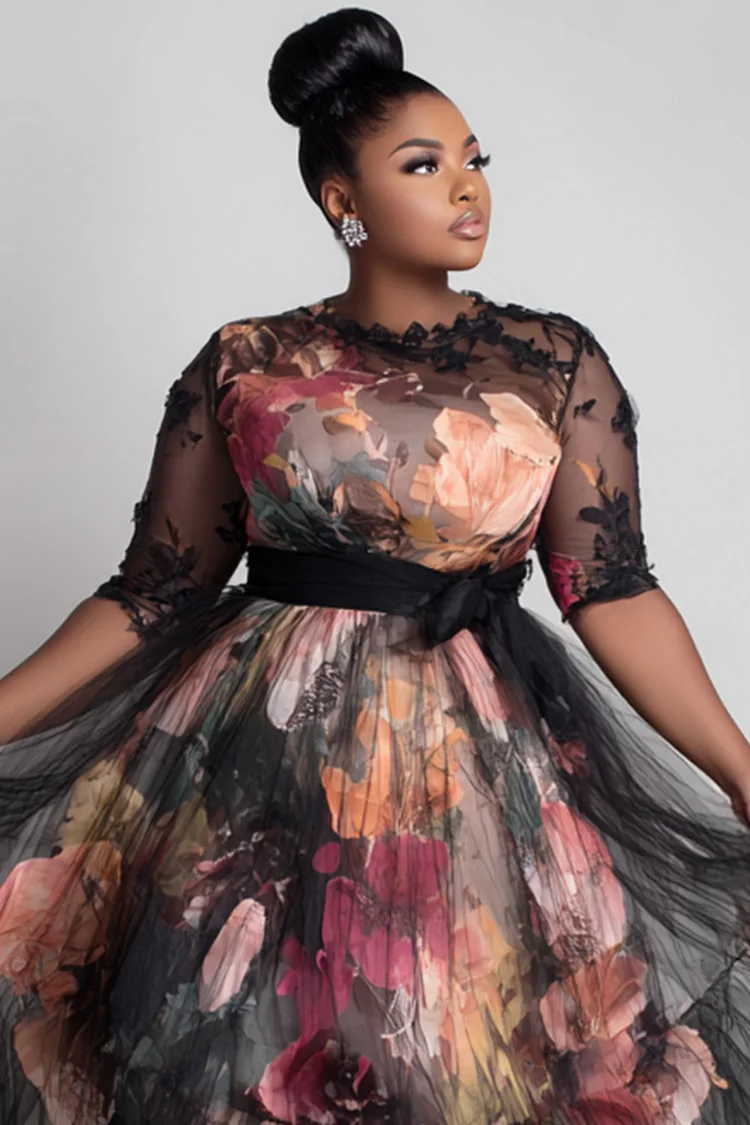 Xpluswear Design Plus Size Wedding Guest Satin Black All Over Print Round Neck Short Sleeve See Through Elegant Tulle Midi Dresses [Pre-Order]