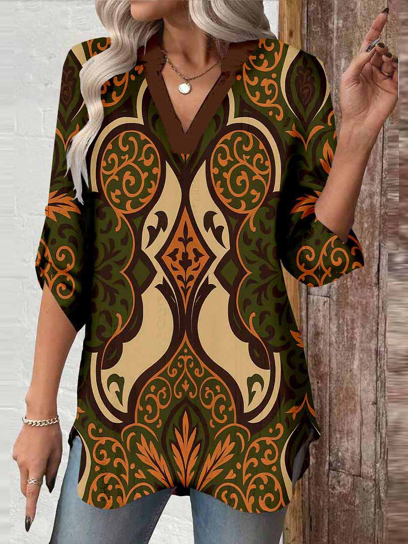Women Tropical, Brown, Khaki DZGA0153 3/4 Sleeve V-neck Printed Graphic Button Tops