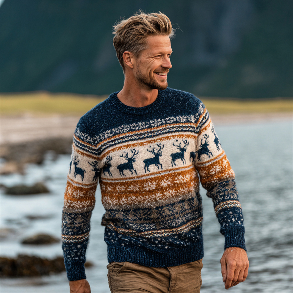 British-style Christmas Reindeer Stripe Design Men's Icelandic Sweater elevenforest