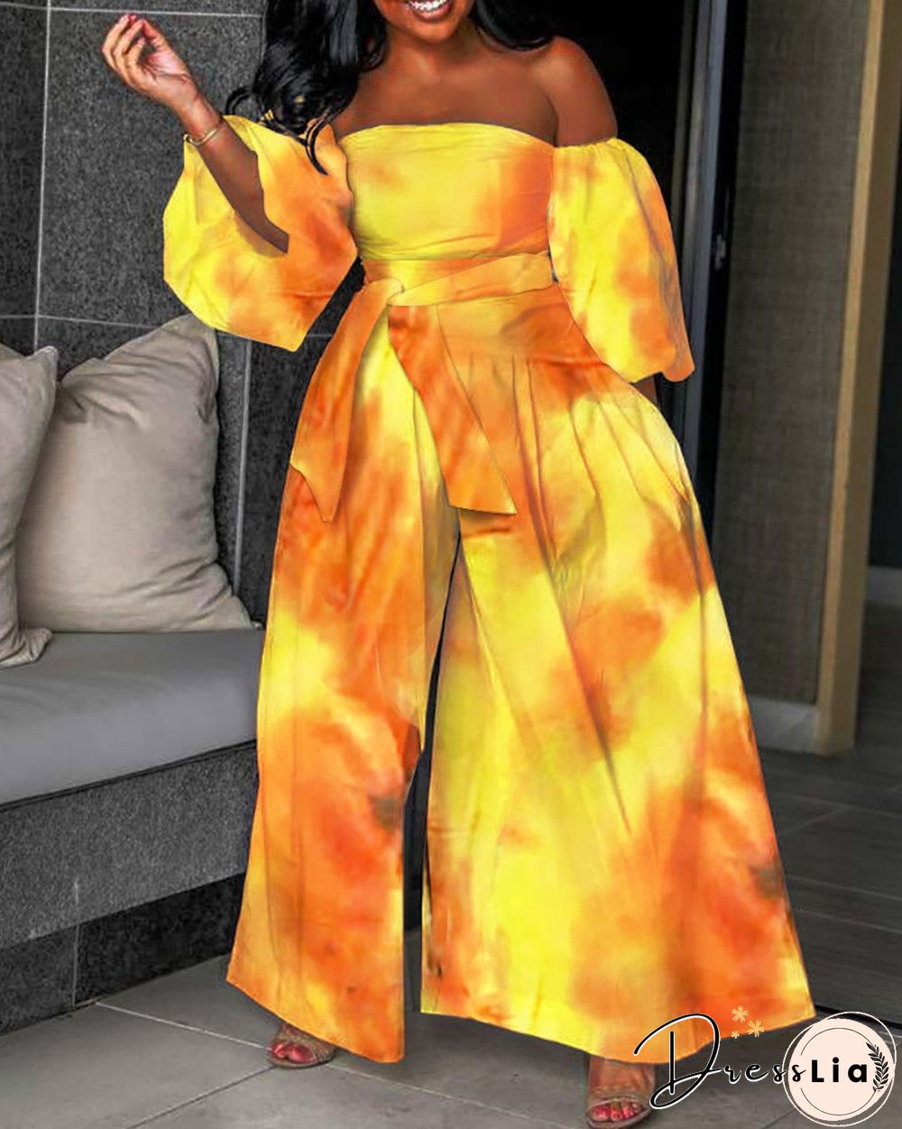 Off Shoulder Lantern Sleeve Tie Dye Print Wide Leg Jumpsuit