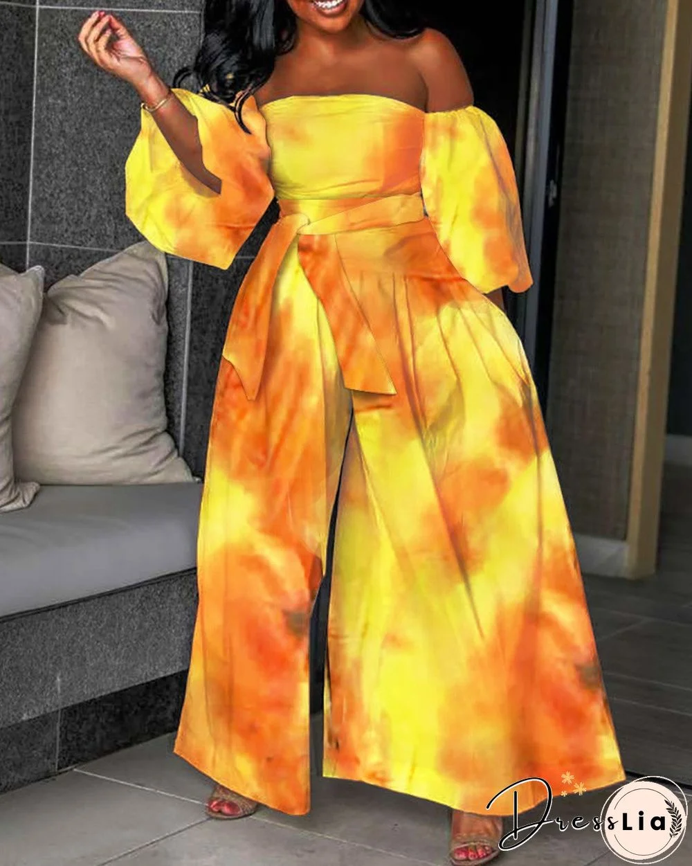 Off Shoulder Lantern Sleeve Tie Dye Print Wide Leg Jumpsuit