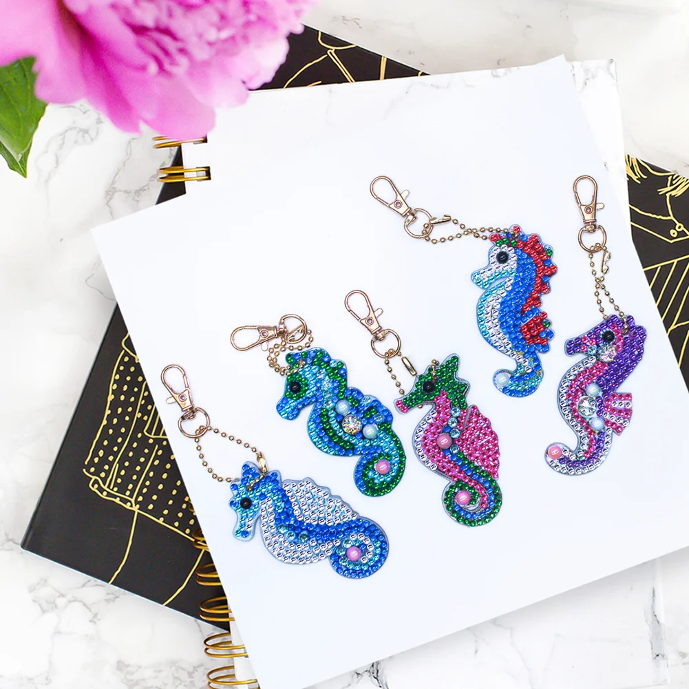 5pcs DIY Full Drill Special Shaped Diamond Painting Seahorse Keychain Craft