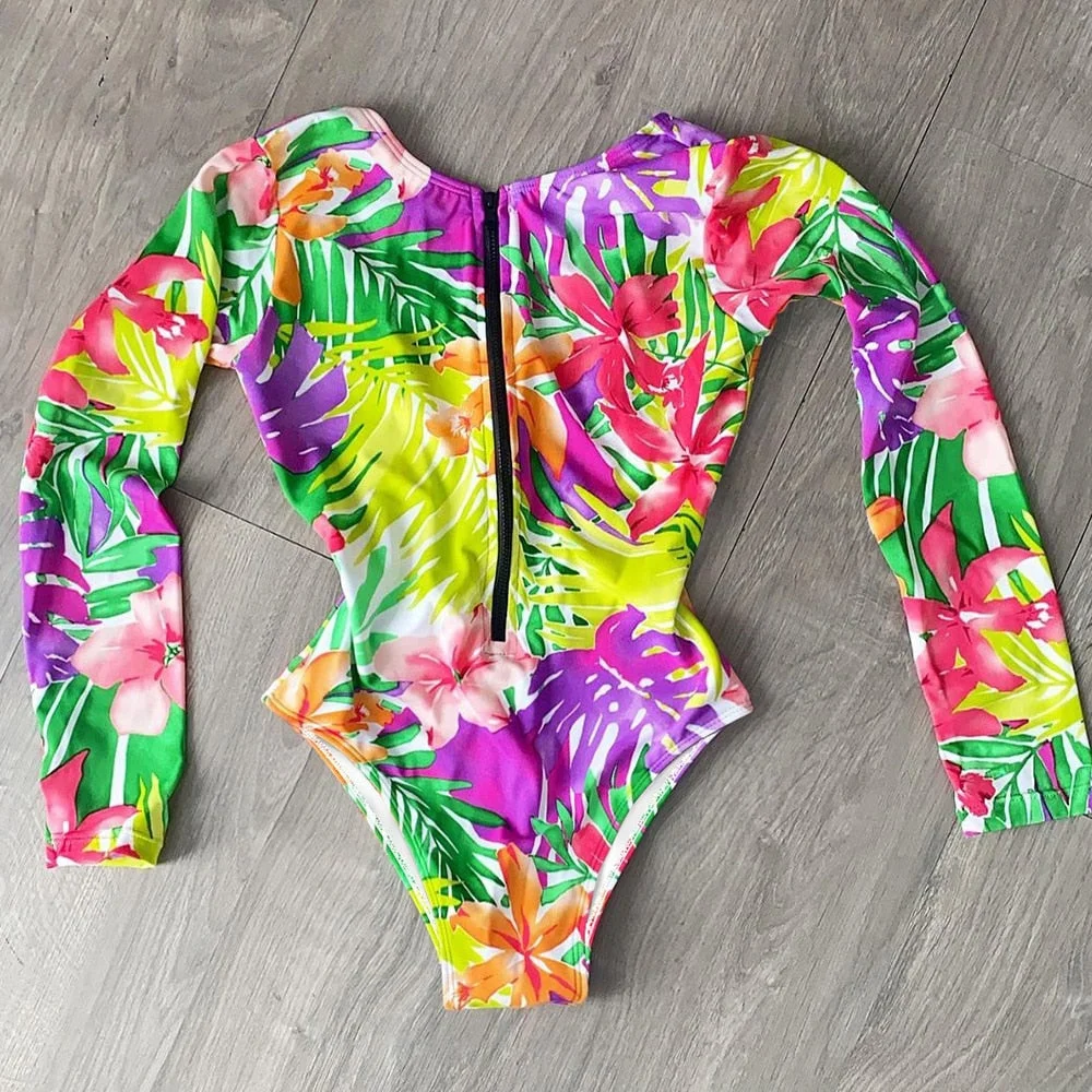 Long Sleeve Print Floral 2021 New One Piece Swimsuit Swimwear Women Zipper Bathing Suit Retro Swimsuit Vintage Surfing Swim Suit