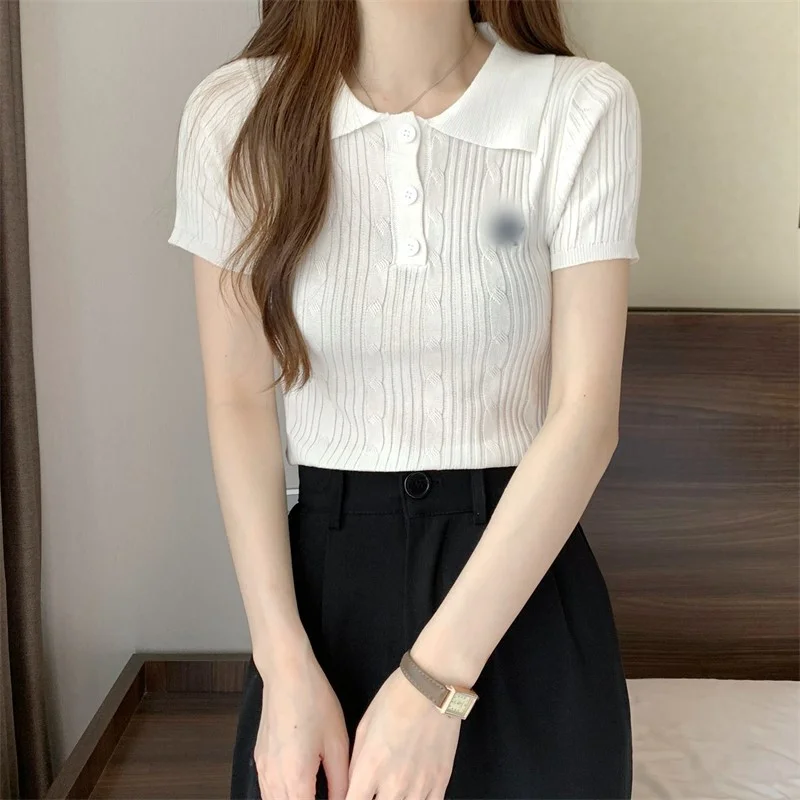 Uveng Uveng Collar Front Shoulder Short-Sleeved Knitted T-Shirt Girl Summer Design Small Sweet Hot Girl Exposed Umbilly Short Top