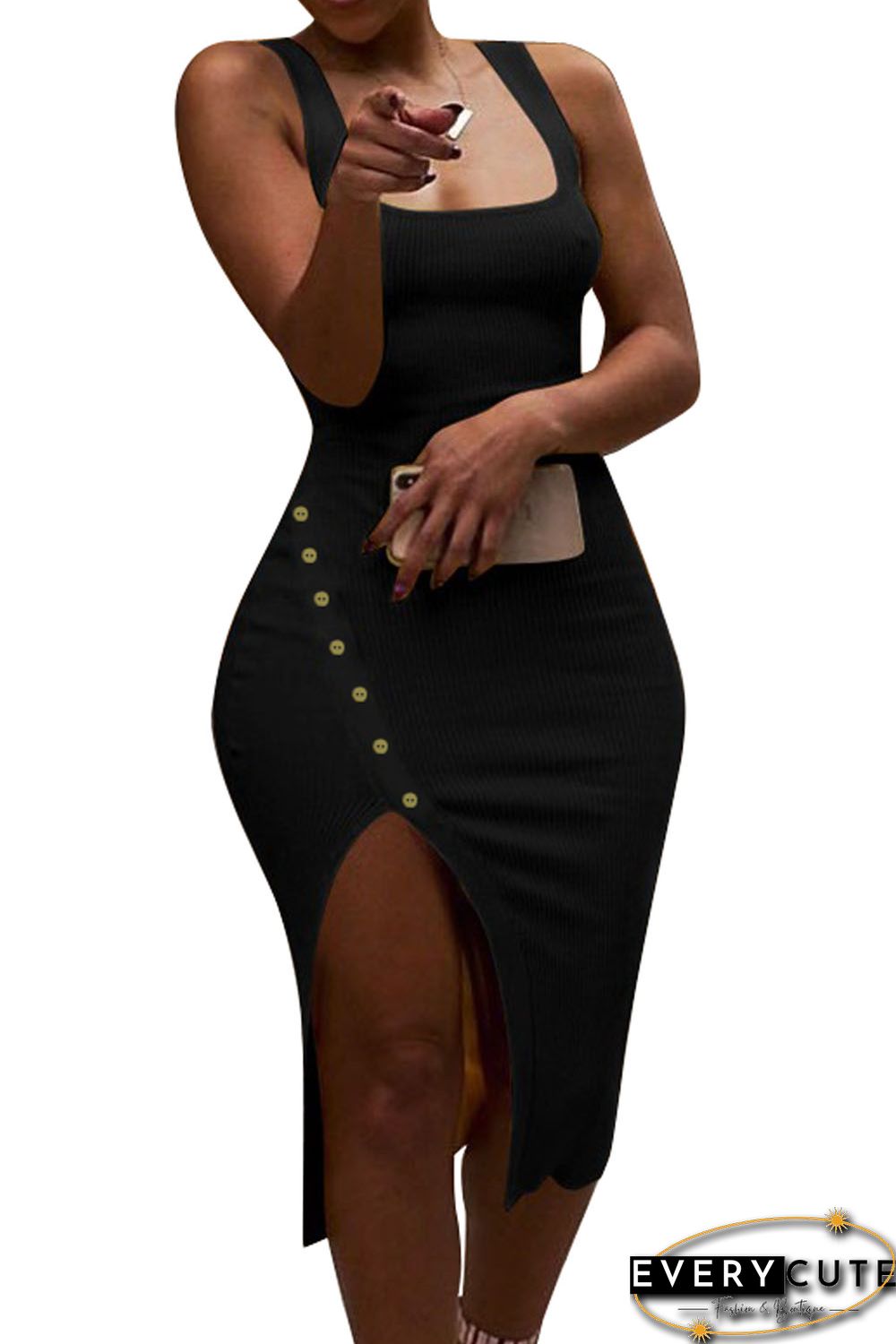 Black Button Design Plain Sleeveless Slit Dress